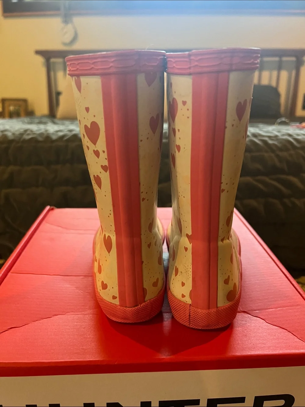 Hunter Cream Rain Boots with Pink Heart Print